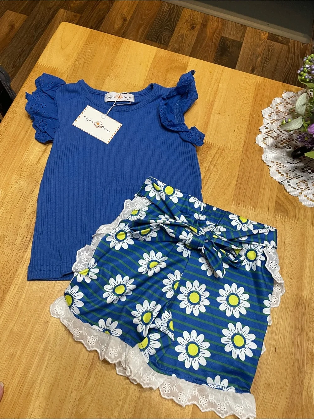 Girls Blue Daisy Lace Trim Pajama Set by (no brand)
